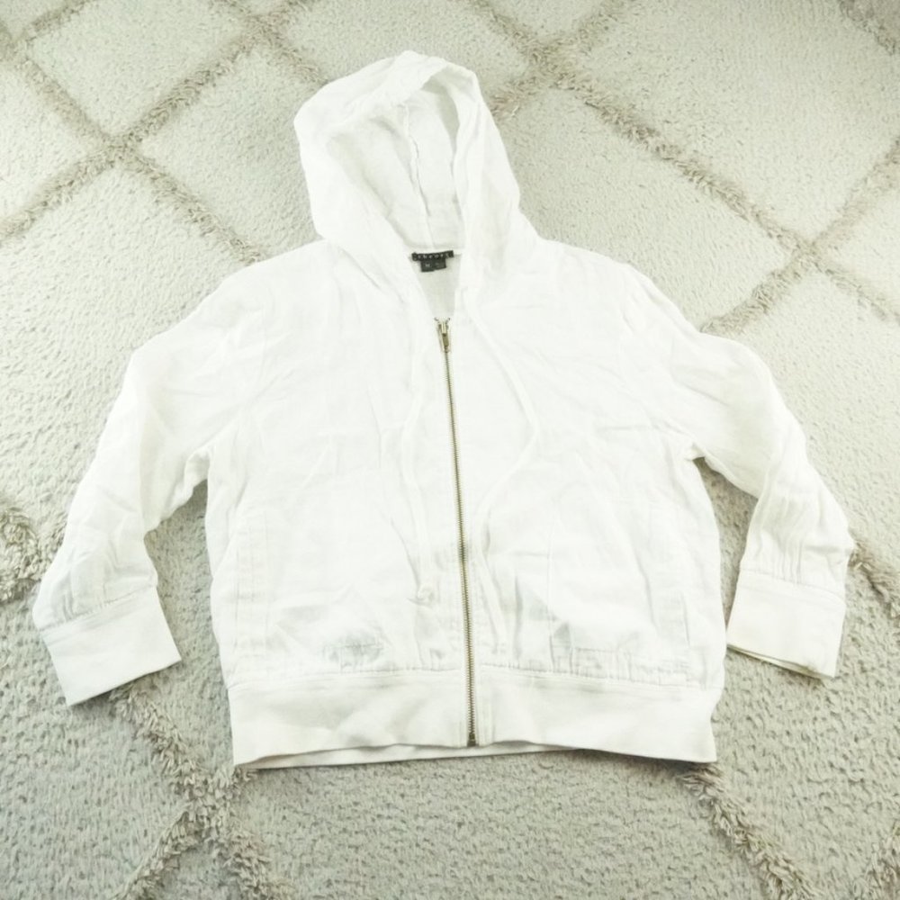Theory Full Zip Hooded Jacket Womens Medium White 100% Linen Beachy Casual